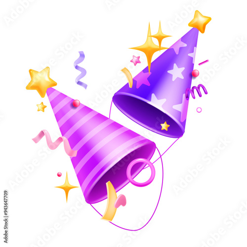 3D party hat icon, vector paper cone cap, happy birthday event costume element, holiday confetti. Celebration New Year accessories, star, serpentine, shiny fun carnival concept. Party hat illustration
