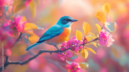 A colorful bird perched on a blooming branch surrounded by vibrant flowers during a serene spring morning