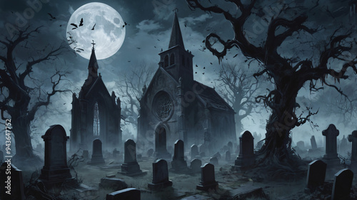 Graveyard silhouette halloween Abstract background for banner, poster, card, dan lainnya photo