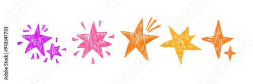 Scribble doodle star set, vector hand drawn crayon kids illustration, color pencil texture shape. Holiday groovy firework, naive grunge marker art, kindergarten baby sparkle drawing. Doodle star art