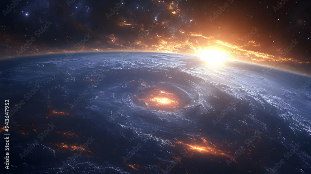 A fiery sunrise over a swirling planet with glowing clouds and a large crater. A fiery sunrise over a swirling planet with glowing clouds and a large crater.