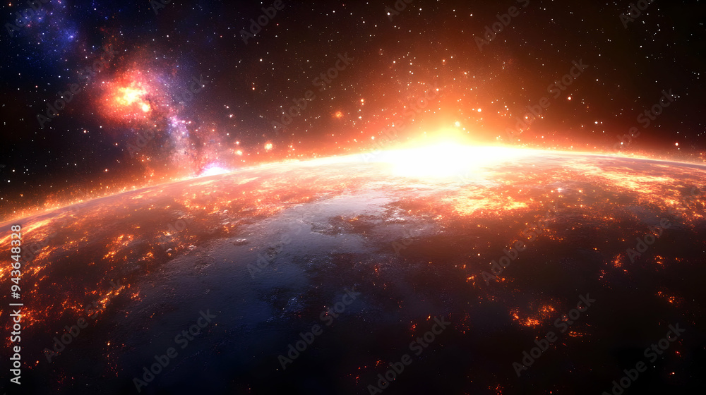 A fiery sunset over a distant planet with a bright nebula in the distance.