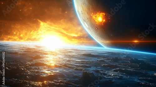 A fiery sunset over a dista...