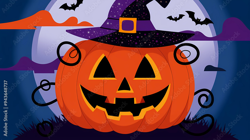 A halloween poster with a large orange pumpkin with witch hat, abstract background, graphic design illustration wallpaper A halloween poster with a large orange pumpkin with witch hat, abstract background, graphic design illustration wallpaper