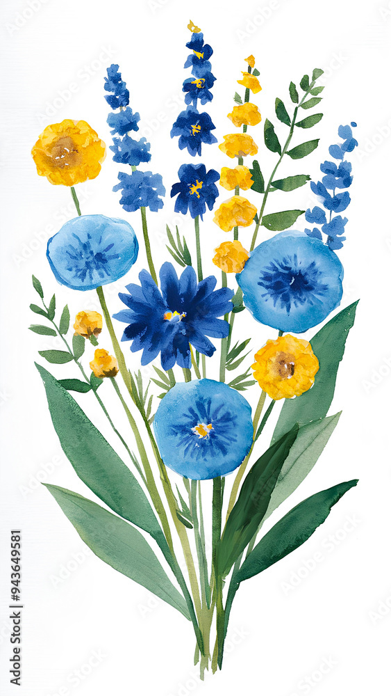 A beautiful watercolor painting, blue and yellow flowers on a white background A beautiful watercolor painting, blue and yellow flowers on a white background