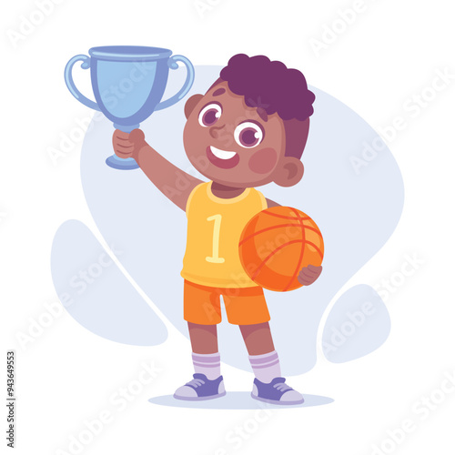 Boy Basketball Player with Goblet as Child Profession Vector Illustration