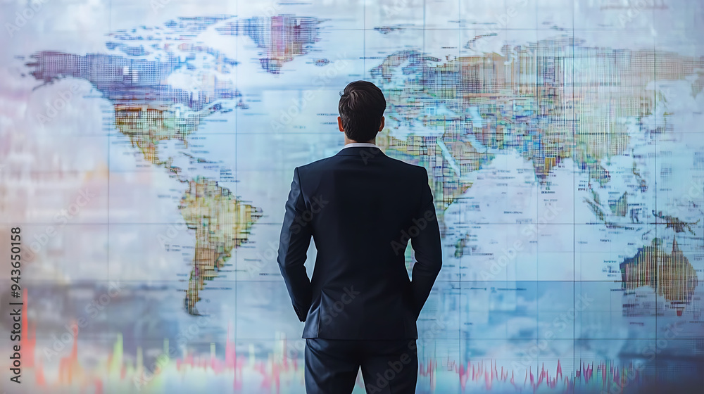 An international businessman standing in front of a fluctuating currency exchange chart, with various world currencies and trade routes displayed, illustrating the impact on global investments An international businessman standing in front of a fluctuating currency exchange chart, with various world currencies and trade routes displayed, illustrating the impact on global investments