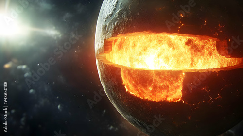 A fiery, cracked planet wit...