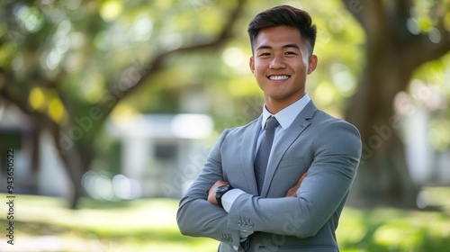 A smiling young businessman with folded arms standing on green grass in a white park, looking at a distant laptop under a bright blue sky. Full body shot, Canon R6 Mark II, 35mm lens.