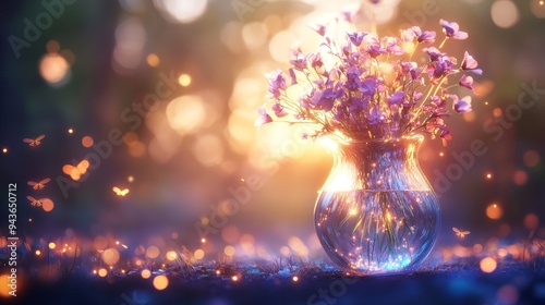 Enchanted vase holding flowers that change hues with moon phases, in a surreal forest, magical fireflies circling, ancient runes glowing softly photo