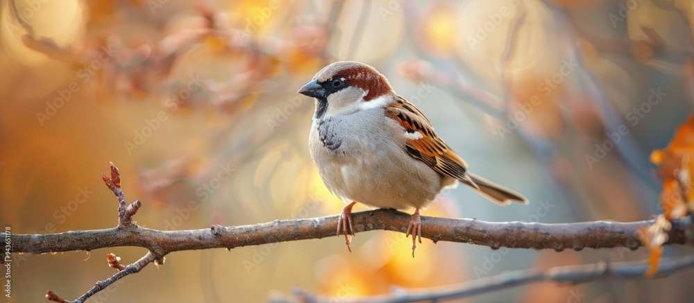 Fototapeta premium The intimidating sparrow gazes into the camera lens A sparrow is perched on a tree branch. with copy space image. Place for adding text or design
