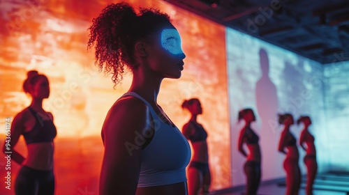 Group fitness class in a modern studio, participants using advanced fitness trackers, holographic personal trainer guiding the session.