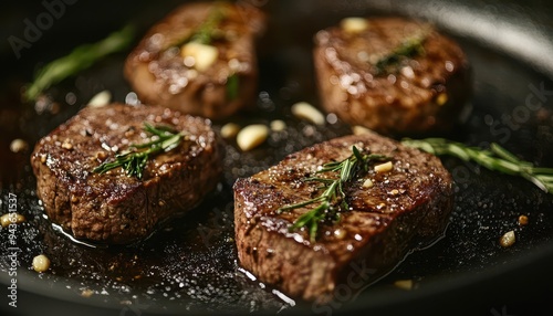 Beef steak sizzling in a pan, with herbs and garlic, Savory, Warm, Detailed