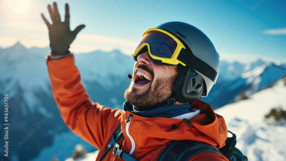 An outdoor enthusiast, equipped with a helmet and bright winter clothing, exults in reaching the snowy peak. The exhilaration of achievement shines brightly against the clear, sunlit sky. An outdoor enthusiast, equipped with a helmet and bright winter clothing, exults in reaching the snowy peak. The exhilaration of achievement shines brightly against the clear, sunlit sky.