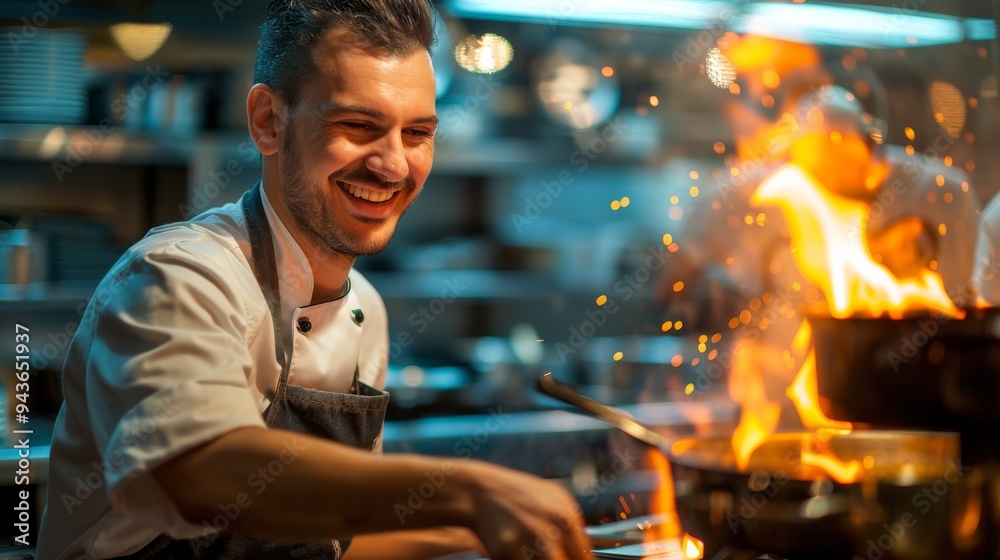 A man is cooking food in a kitchen with a fire in the background A man is cooking food in a kitchen with a fire in the background