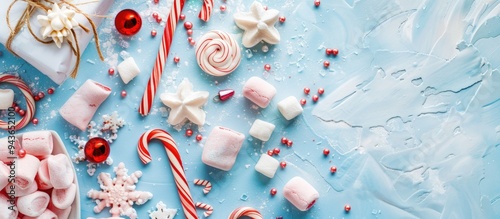 Christmas or New Year background featuring a candy caramel cane and marshmallow on a pastel blue surface Concept of the Christmas holiday Flat lay top view copyspace photo