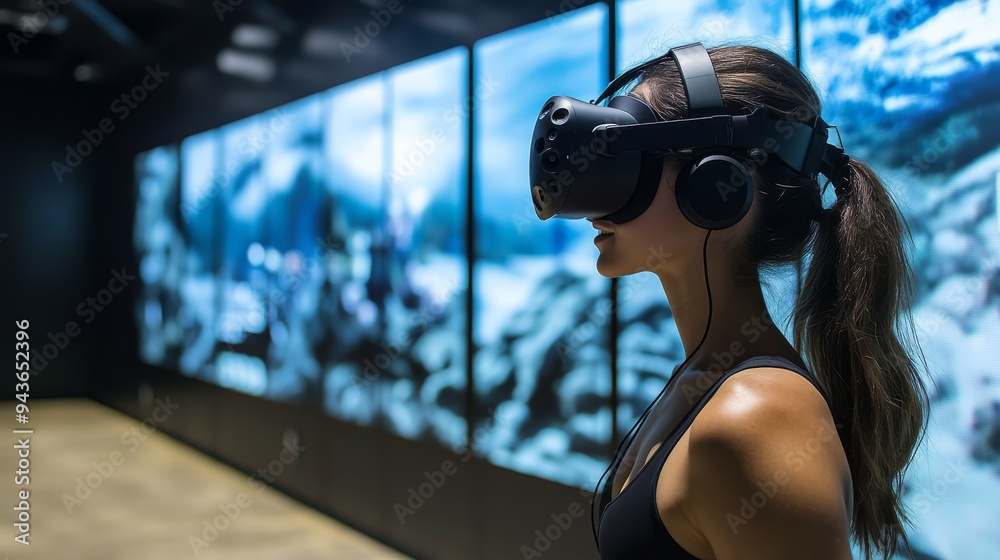 Individual engaging in a VR-based adaptive fitness session, surrounded by cutting-edge technology in a sleek, contemporary setting. Individual engaging in a VR-based adaptive fitness session, surrounded by cutting-edge technology in a sleek, contemporary setting.