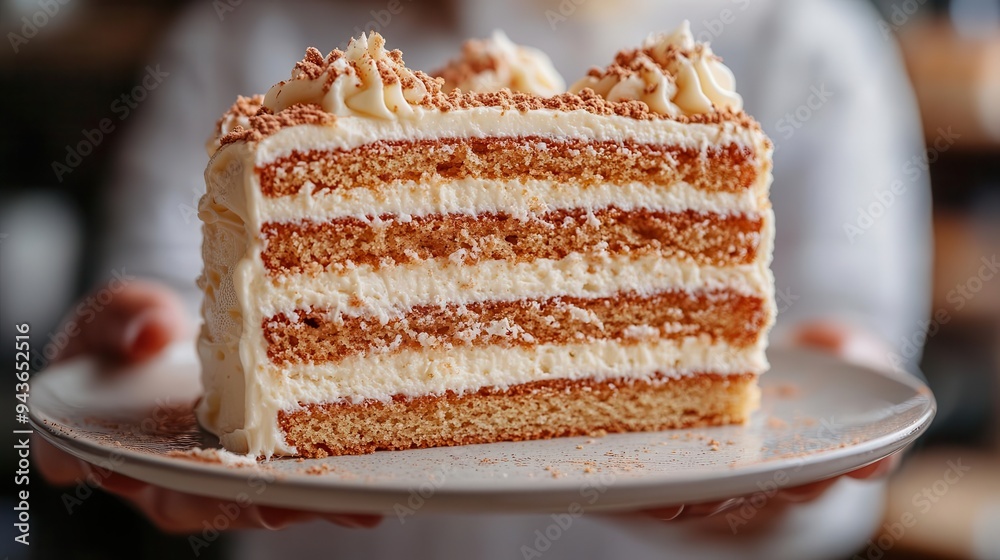Cake slice being served, with layers and a focus on frosting and texture, Sweet, Bright, Detailed