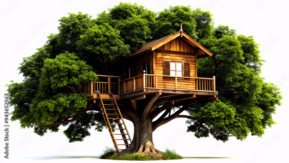 Father on tree building tree house for kids Father on tree building tree house for kids