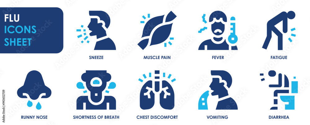 A set of solid icons related to Flu. Influenza, symptoms, fever, fatigue, muscle pain, cough and sneeze, and so on. Vector flat icons set. A set of solid icons related to Flu. Influenza, symptoms, fever, fatigue, muscle pain, cough and sneeze, and so on. Vector flat icons set.