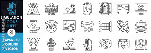 A set of line icons related to Simulation. Simulate, activity, travel, health, book, road, hologram, games, dating, adventure, and so on. Vector outline icons set.
