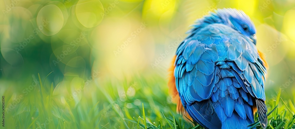 Obraz premium A bird s feather in the grass on a freshly mowed lawn in a classic blue hue Vibrant color tone in a fashionable shade Copyspace layout for design