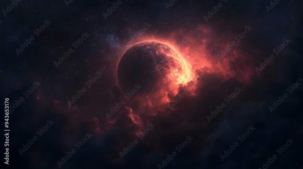 A fiery, red planet peeks through clouds of gas and dust in a starry, dark expanse of space. A fiery, red planet peeks through clouds of gas and dust in a starry, dark expanse of space.