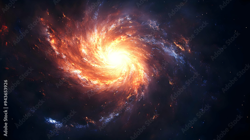 A fiery, swirling galaxy with a bright center against a black backdrop. A fiery, swirling galaxy with a bright center against a black backdrop.