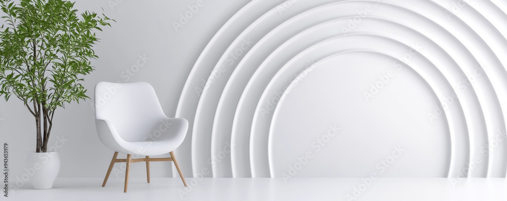 A modern interior showcasing minimalist design with a white chair and decorative plant against a textured, curved wall. A modern interior showcasing minimalist design with a white chair and decorative plant against a textured, curved wall.