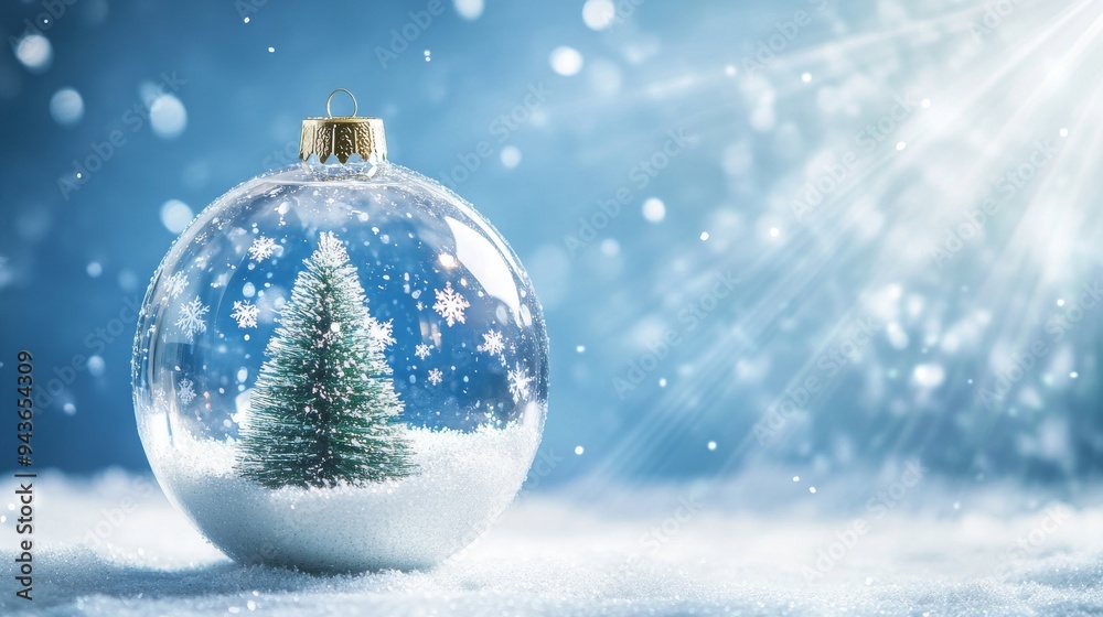 Festive empty glass transparent ball with Christmas tree inside on it. Blue background with white snowflakes and rays of light. Copy space. postcard, design Festive empty glass transparent ball with Christmas tree inside on it. Blue background with white snowflakes and rays of light. Copy space. postcard, design