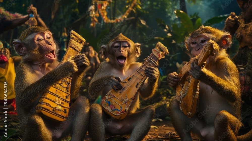Fototapeta premium Monkeys celebrating a traditional festival in the jungle, dancing and playing instruments made from natural materials.