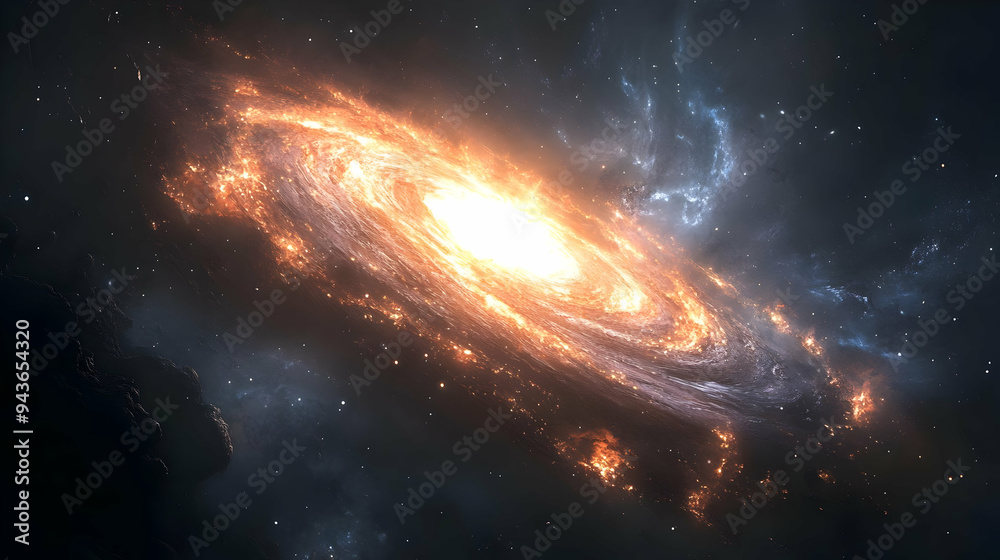 Fototapeta premium A fiery, swirling galaxy with a bright core, set against a dark starry background.