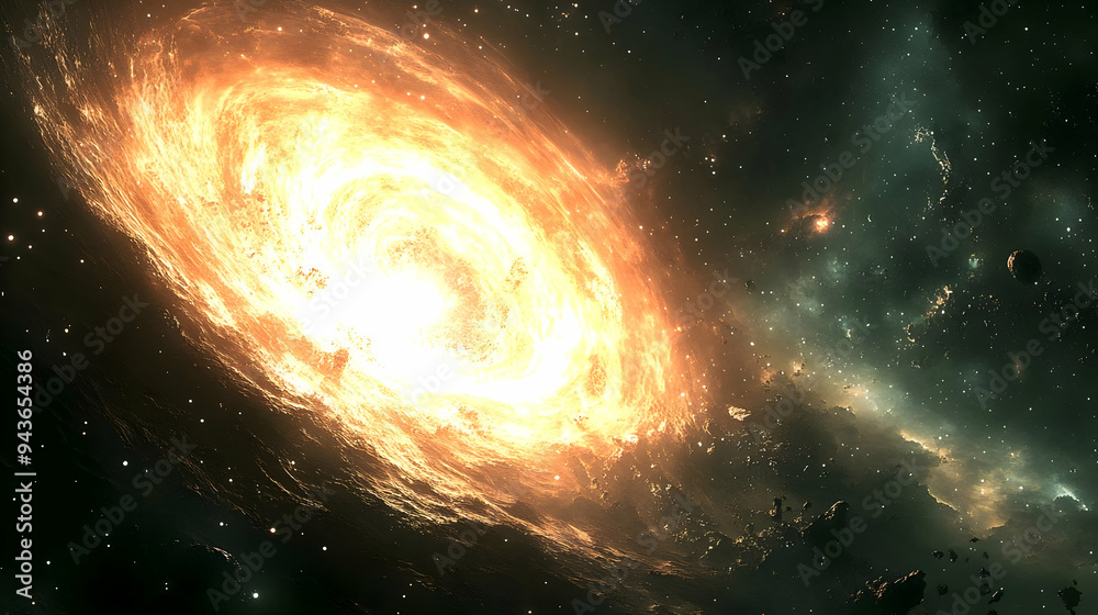 A fiery, swirling galaxy with a bright core, surrounded by dark space, stars, and asteroids. A fiery, swirling galaxy with a bright core, surrounded by dark space, stars, and asteroids.