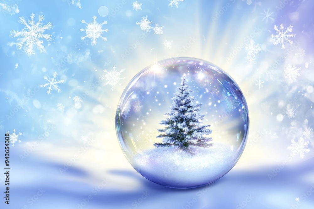 Festive empty glass transparent ball with Christmas tree inside on it. Blue background with white snowflakes and rays of light. Copy space. postcard, design Festive empty glass transparent ball with Christmas tree inside on it. Blue background with white snowflakes and rays of light. Copy space. postcard, design