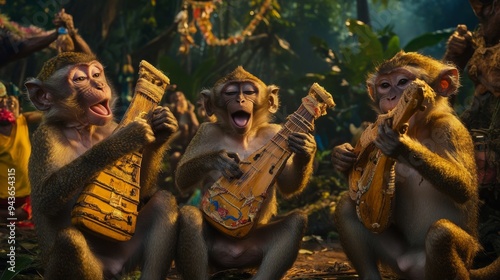 Monkeys celebrating a traditional festival in the jungle, dancing and playing instruments made from natural materials.