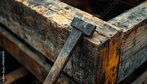 Crowbar prying open a wooden crate, with a focus on leverage and strength, Dynamic, Bright, Detailed photo