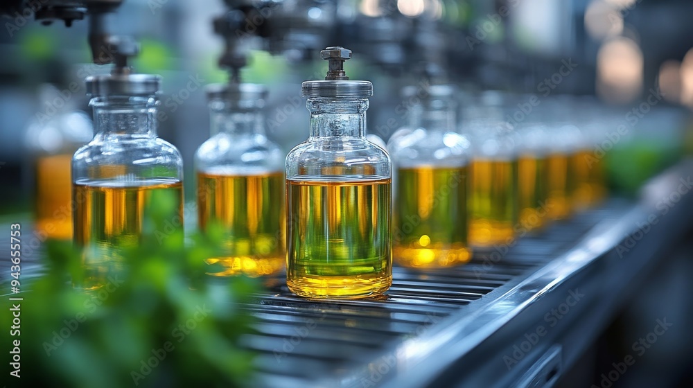 Bottles filled with yellow liquid are lined up on a conveyor belt, illustrating a closed loop green chemistry process. Bottles filled with yellow liquid are lined up on a conveyor belt, illustrating a closed loop green chemistry process.
