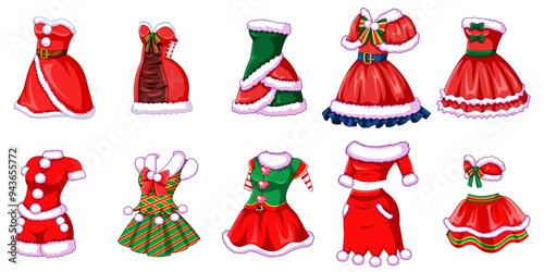 Glamorous Santa outfits. Christmas Dresses vector illustration isolated on white.