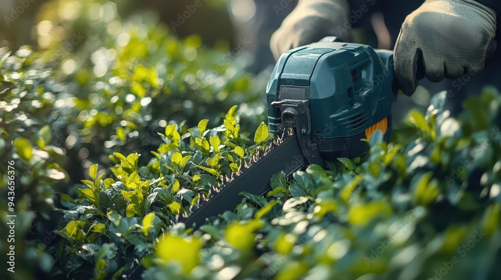 Hedge trimmer in action, shaping a bush with clean lines, Practical, Bright, Detailed Hedge trimmer in action, shaping a bush with clean lines, Practical, Bright, Detailed