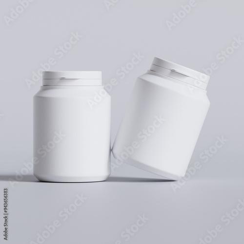 Plastic bottle white color, throat, capsule, pills isolated on gray background. 3D rendering illustration  photo