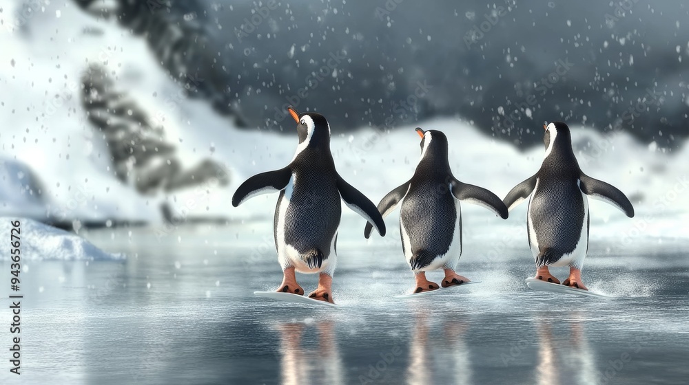 Obraz premium Penguins going ice skating on a frozen lake, gracefully gliding and spinning on the ice.