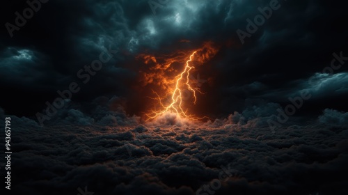 A powerful lightning bolt illuminates dark storm clouds at night, creating a dramatic and intense atmosphere over a turbulent cloudscape.