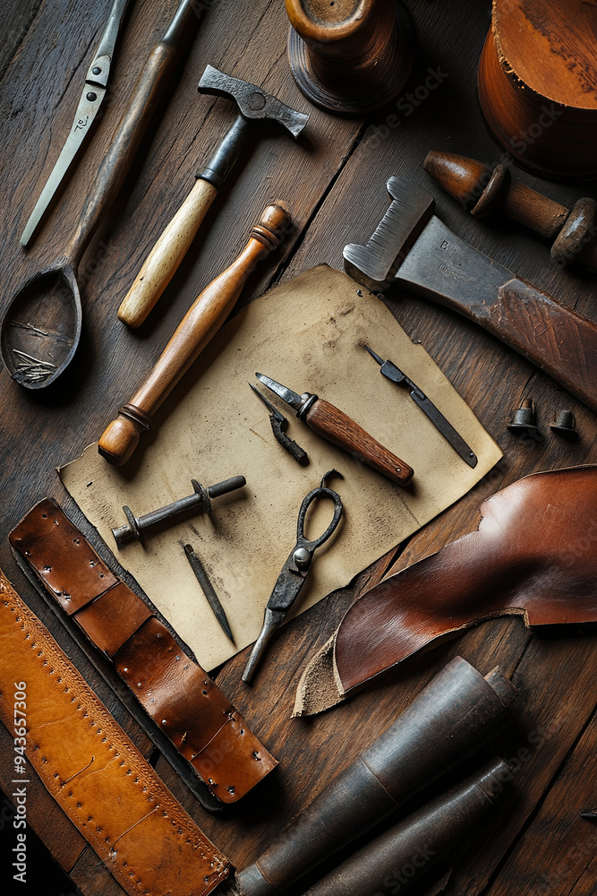 Shoemaker's work desk. Tools and leather at cobbler workplace. Set of leather craft tools on wooden background. Shoes maker tools on wooden table
Shoemaker's work desk. Tools and leather at cobbler workplace. Set of leather craft tools on wooden background. Shoes maker tools on wooden table