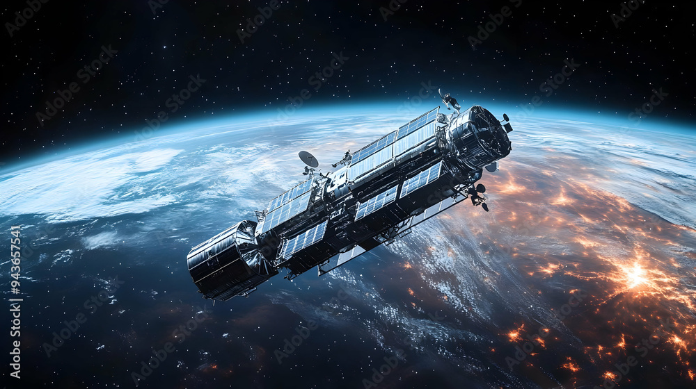 A futuristic space station orbits Earth, showcasing city lights and a vast expanse of starry space. A futuristic space station orbits Earth, showcasing city lights and a vast expanse of starry space.