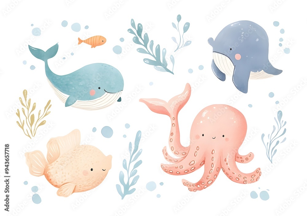 Naklejka premium Colorful Aquatic Creatures Swimming in the Underwater Seascape with Coral Reef and Seaweed