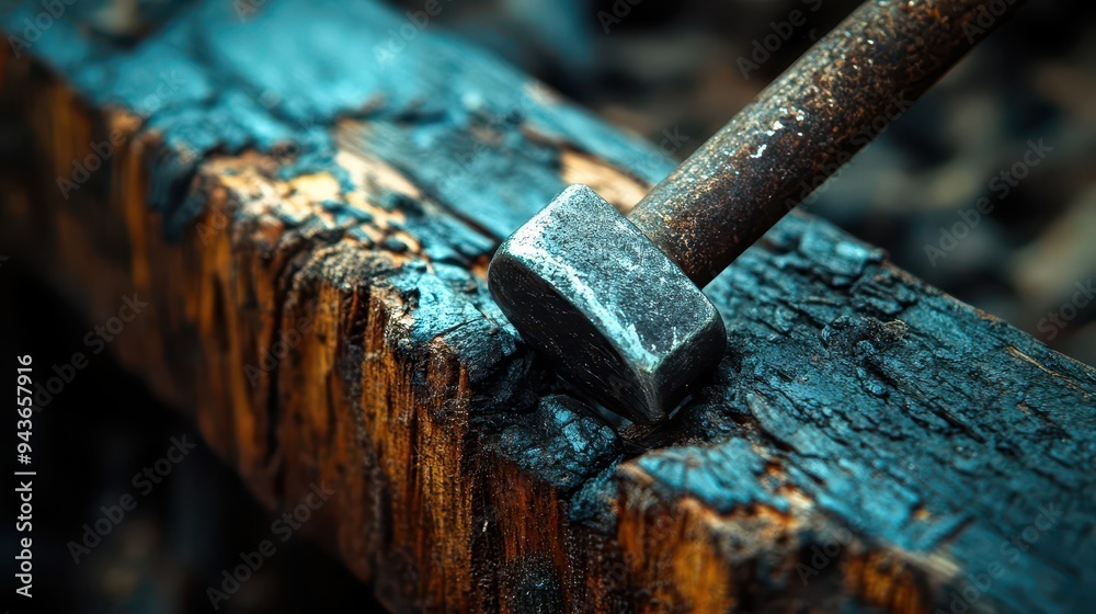 Nail being hammered into wood, with a focus on impact and texture, Practical, Bright, Detailed Nail being hammered into wood, with a focus on impact and texture, Practical, Bright, Detailed