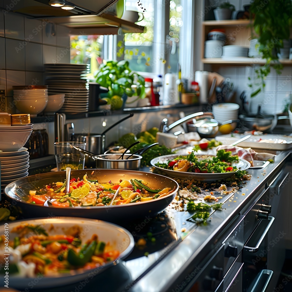 Chaos in a Modern Kitchen with Dirty Dishes and Food Scraps Everywhere Chaos in a Modern Kitchen with Dirty Dishes and Food Scraps Everywhere