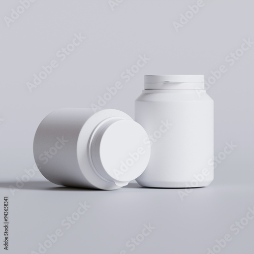 Plastic bottle white color, throat, capsule, pills isolated on gray background. 3D rendering illustration  photo