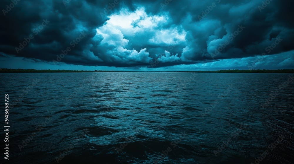 A wide view of dark, dramatic clouds looming over a calm open sea, creating a moody and intense seascape under stormy weather. A wide view of dark, dramatic clouds looming over a calm open sea, creating a moody and intense seascape under stormy weather.