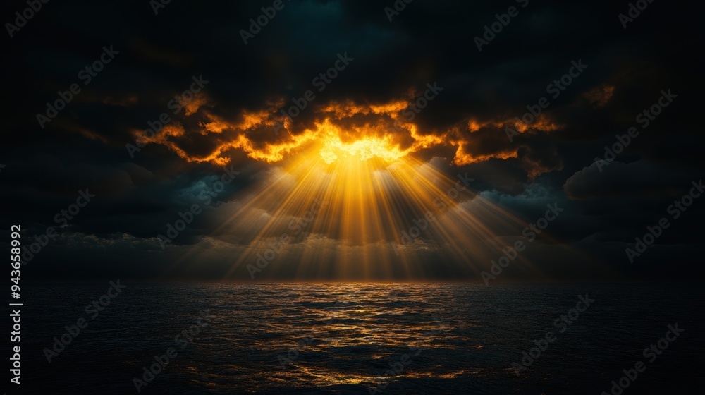 Golden sunbeams pierce through dark, dramatic clouds over a calm ocean, casting a stunning display of light and shadow across the water. Golden sunbeams pierce through dark, dramatic clouds over a calm ocean, casting a stunning display of light and shadow across the water.